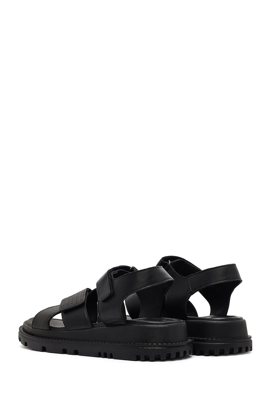 Women's Black Strappy Thick-Sole Leather Sandals