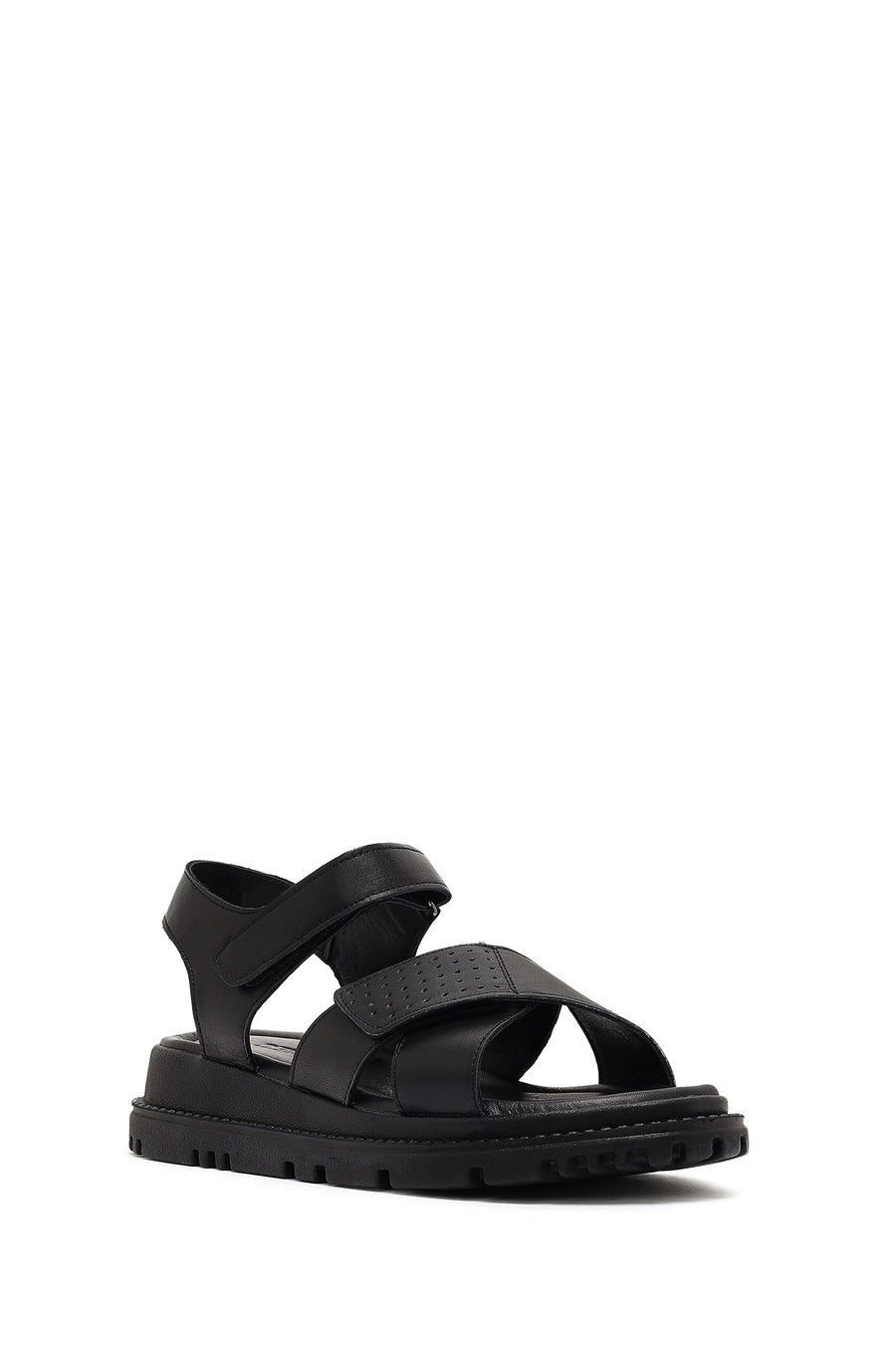 Women's Black Strappy Thick-Sole Leather Sandals