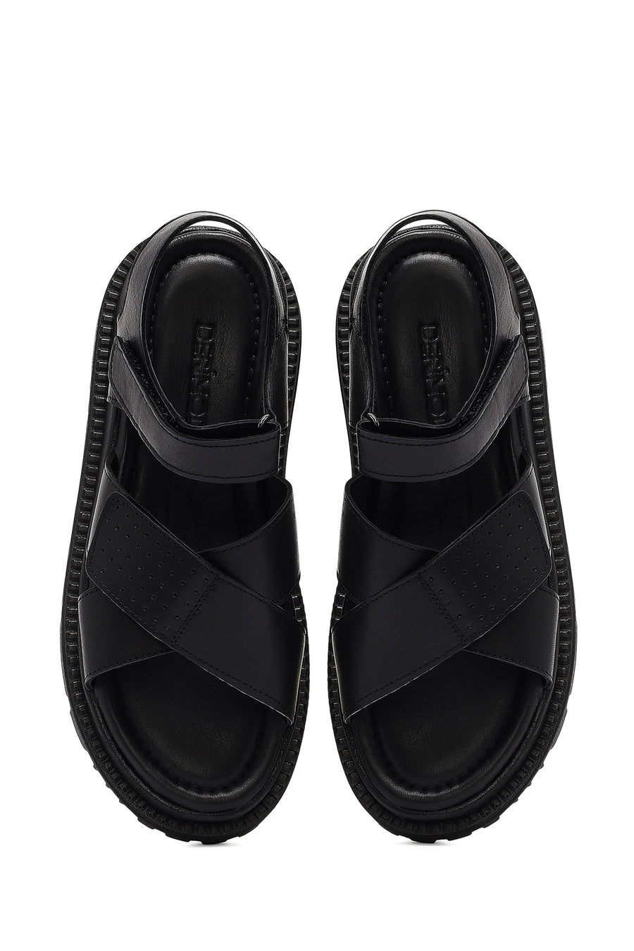 Women's Black Strappy Thick-Sole Leather Sandals
