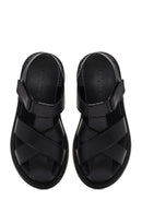 Women's Black Strappy Thick-Sole Leather Sandals | Derimod