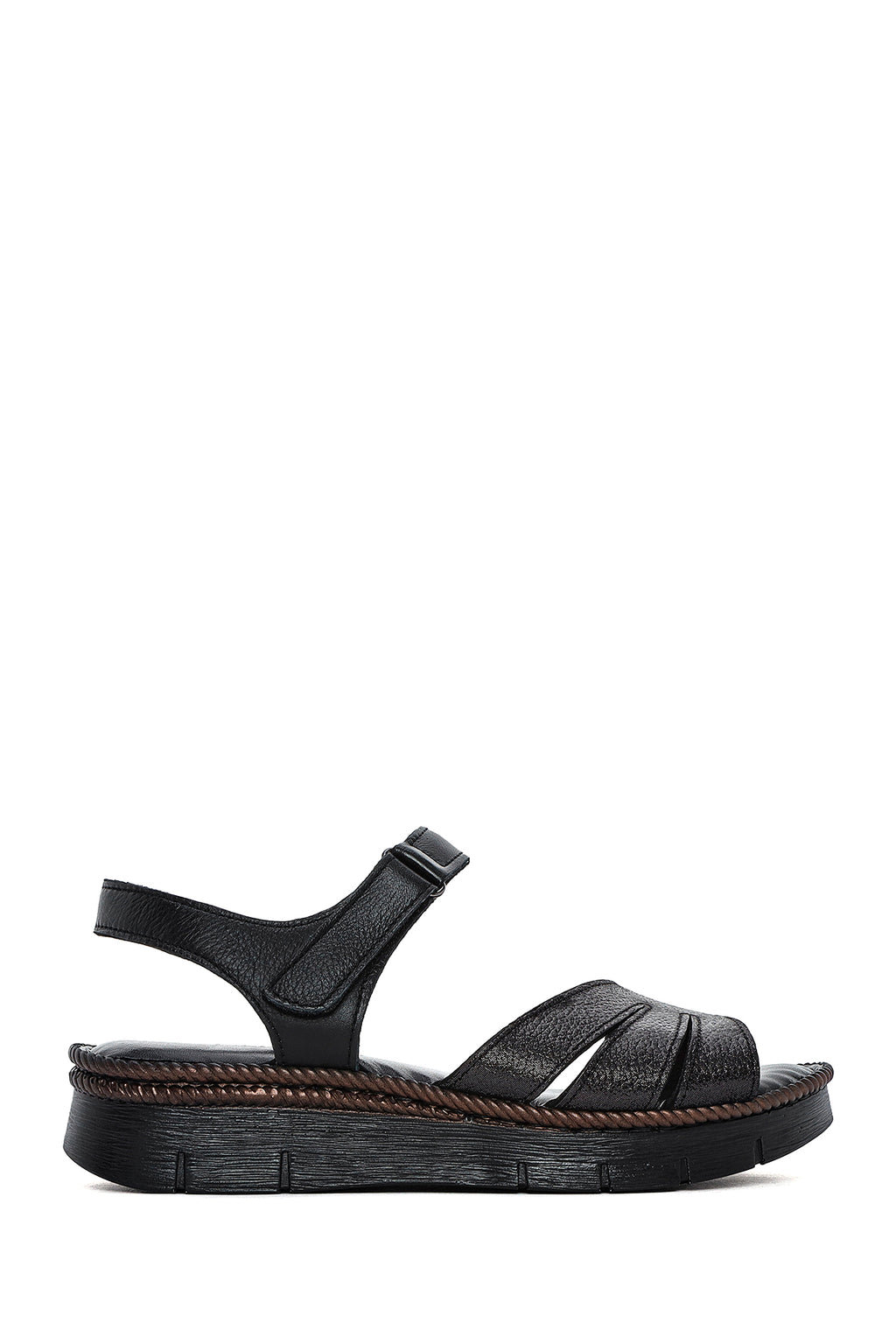 Kadın Siyah Bantlı Deri Comfort Sandalet