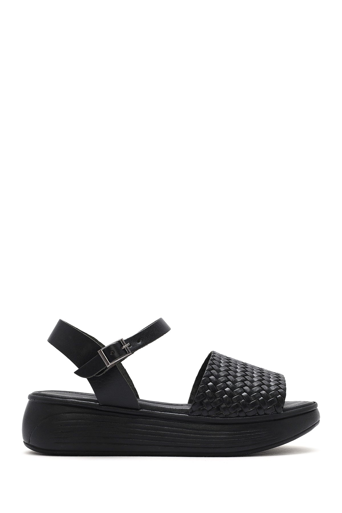 Kadın Siyah Bilekten Bağlamalı Örgülü Kalın Tabanlı Deri Sandalet 25SFD332626 | Derimod