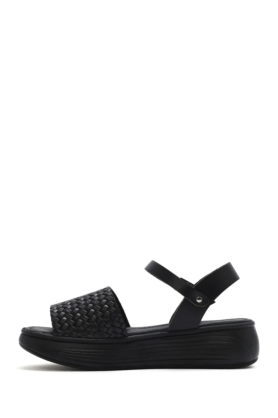 Women's Black Ankle-Strap Braided Thick-Soled Leather Sandals