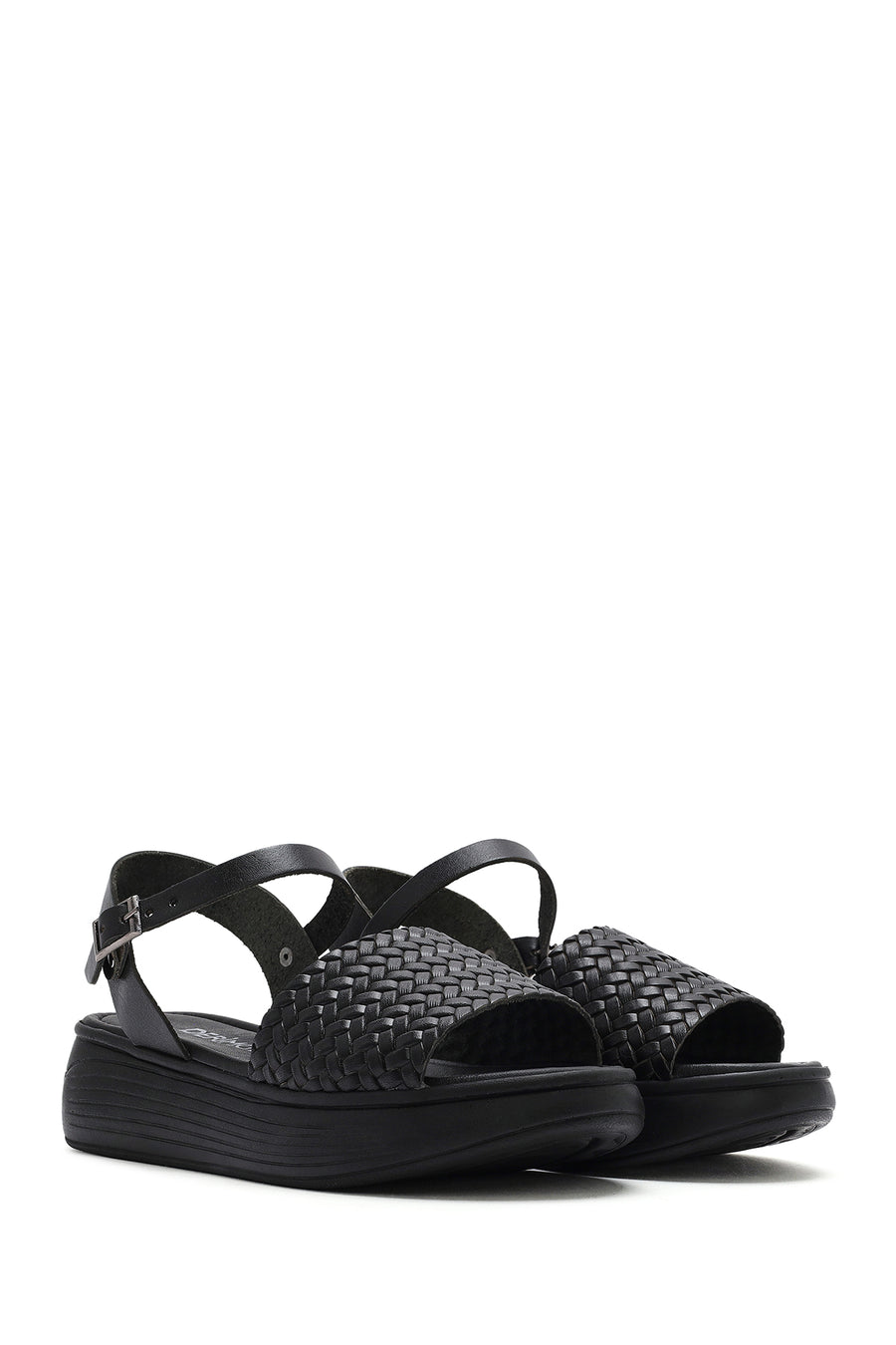 Women's Black Ankle-Strap Braided Thick-Soled Leather Sandals