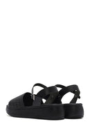 Kadın Siyah Bilekten Bağlamalı Örgülü Kalın Tabanlı Deri Sandalet | Derimod