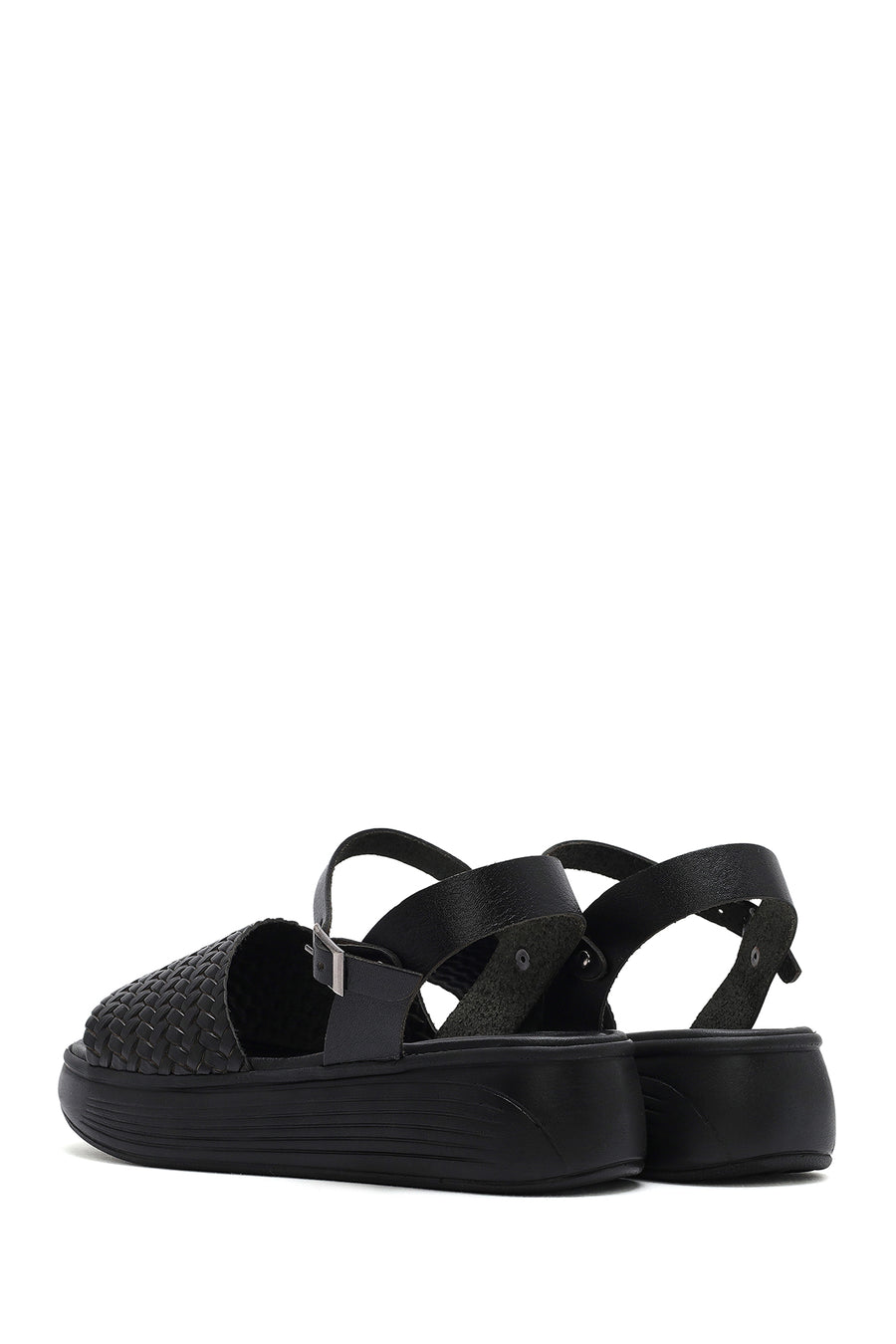 Women's Black Ankle-Strap Braided Thick-Soled Leather Sandals