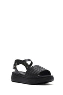 Kadın Siyah Bilekten Bağlamalı Örgülü Kalın Tabanlı Deri Sandalet | Derimod