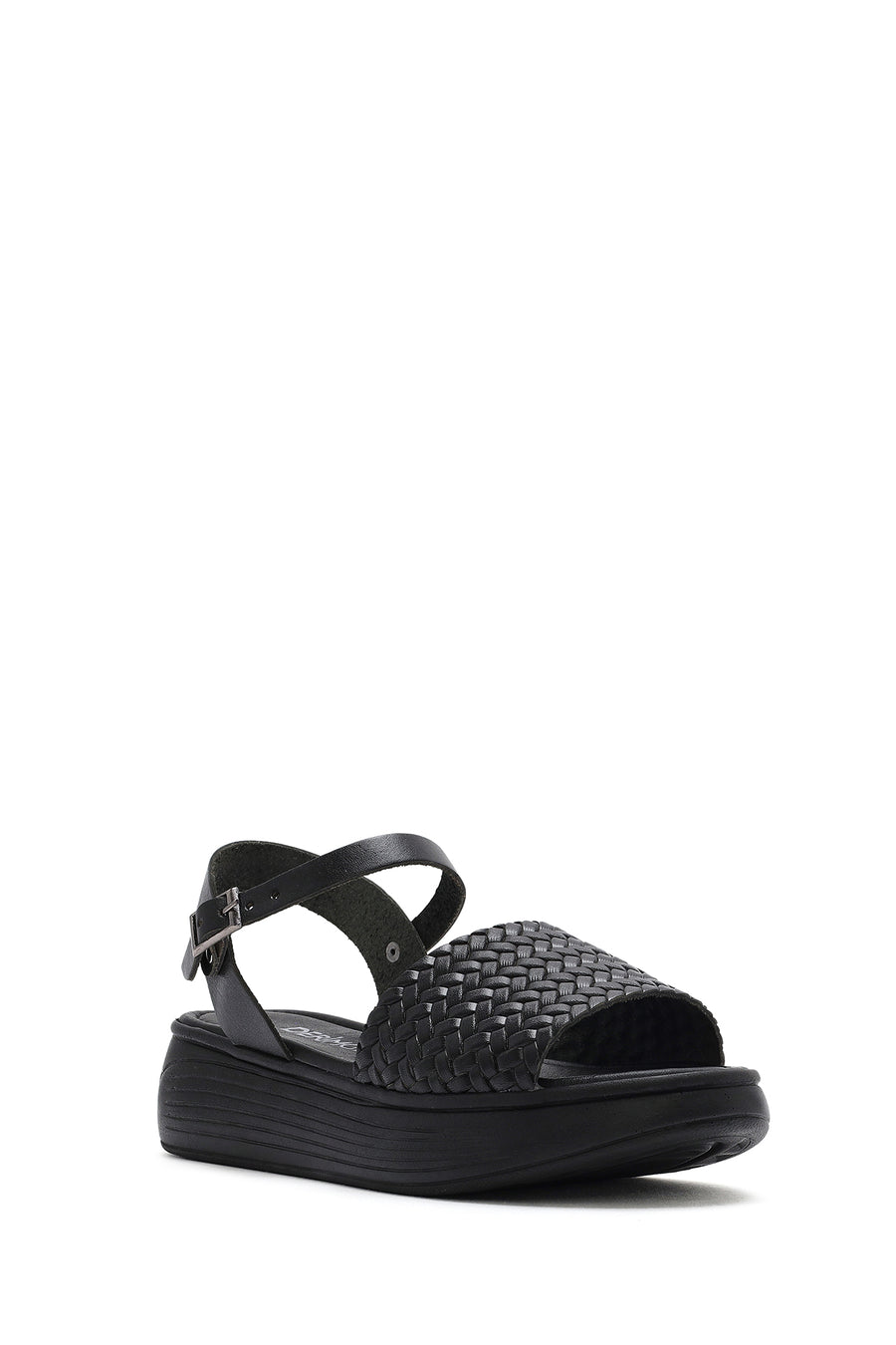 Women's Black Ankle-Strap Braided Thick-Soled Leather Sandals