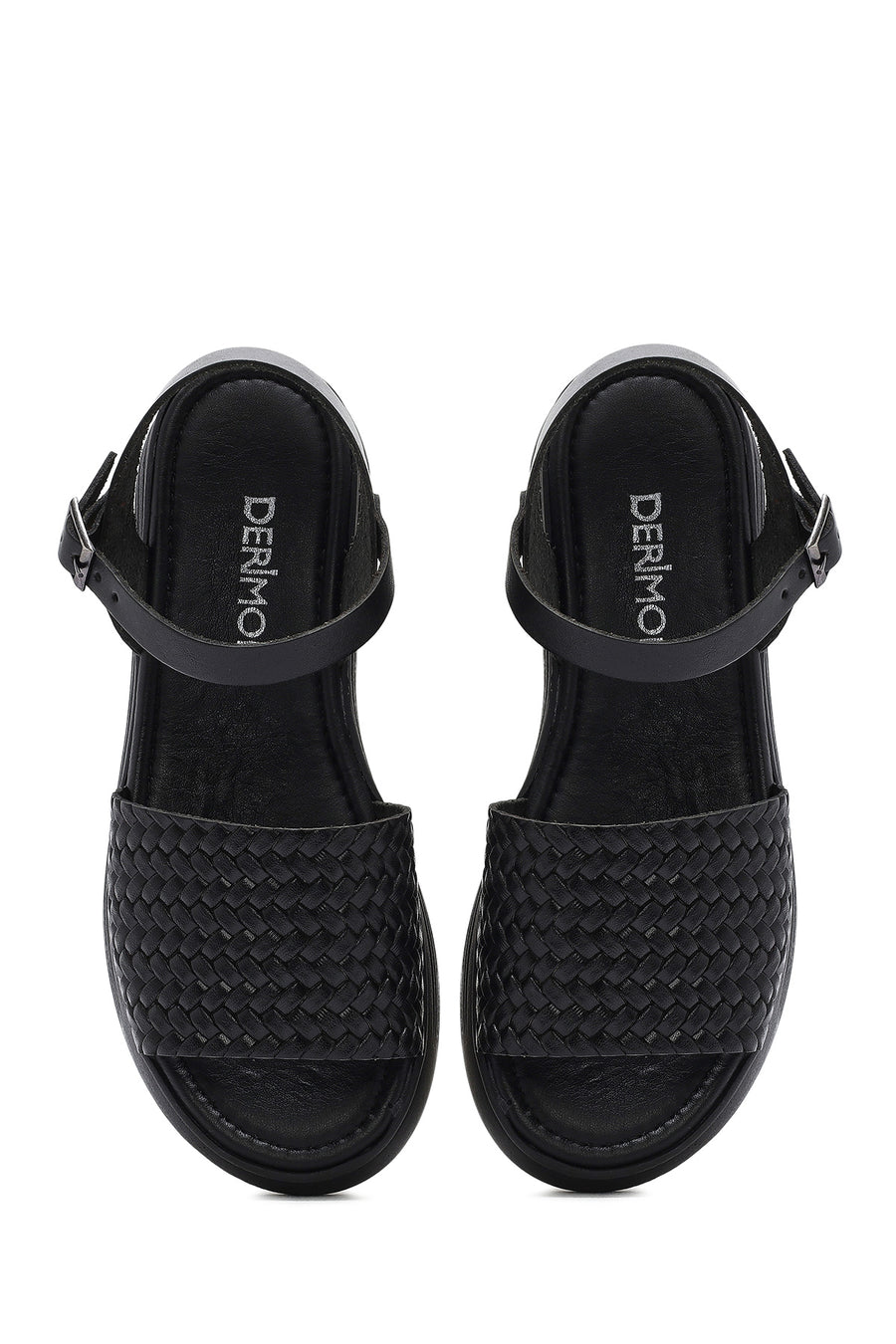 Women's Black Ankle-Strap Braided Thick-Soled Leather Sandals