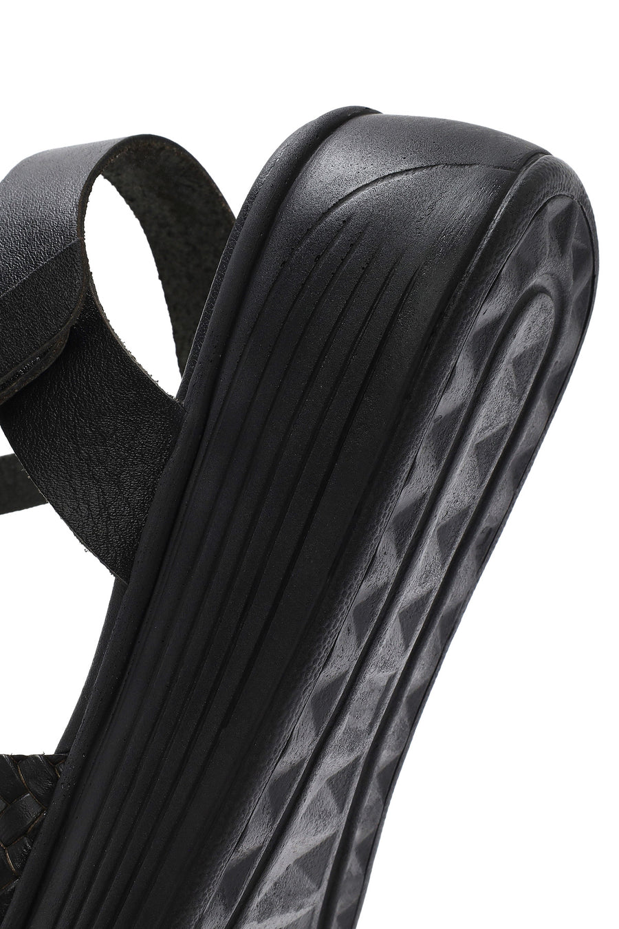 Women's Black Ankle-Strap Braided Thick-Soled Leather Sandals
