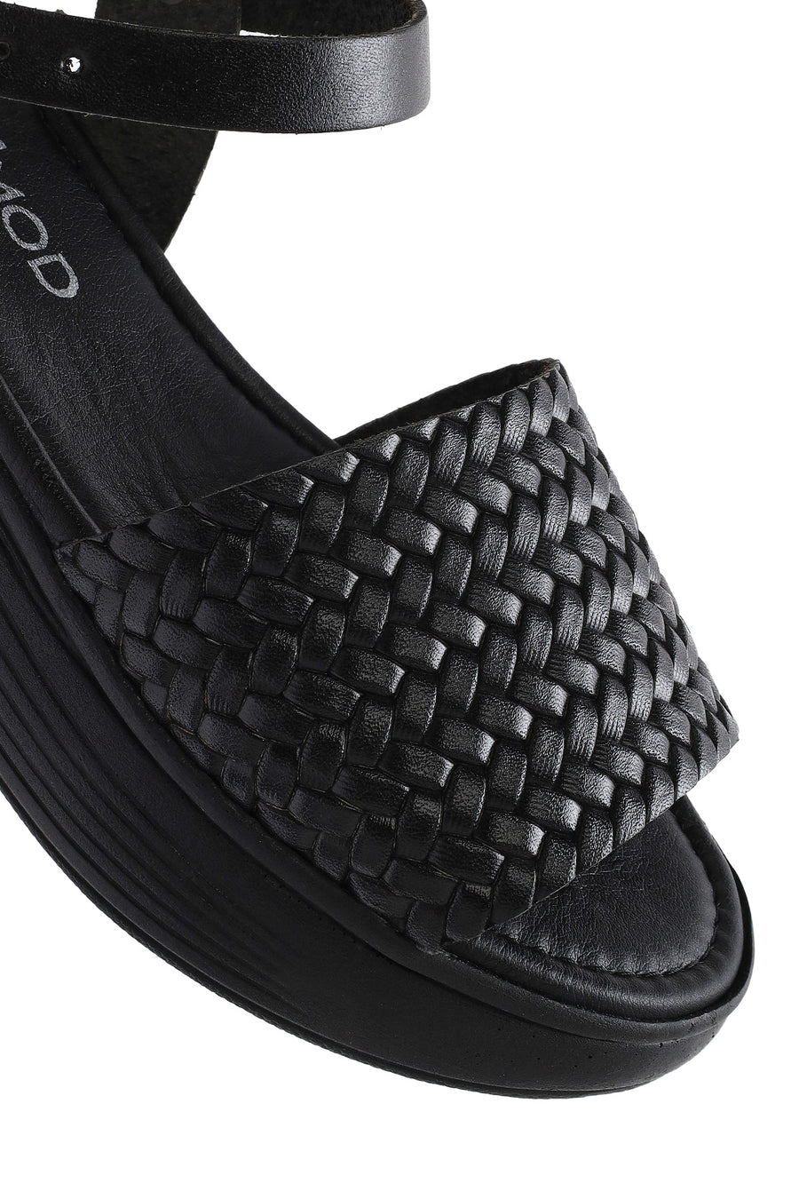 Women's Black Ankle-Strap Braided Thick-Soled Leather Sandals