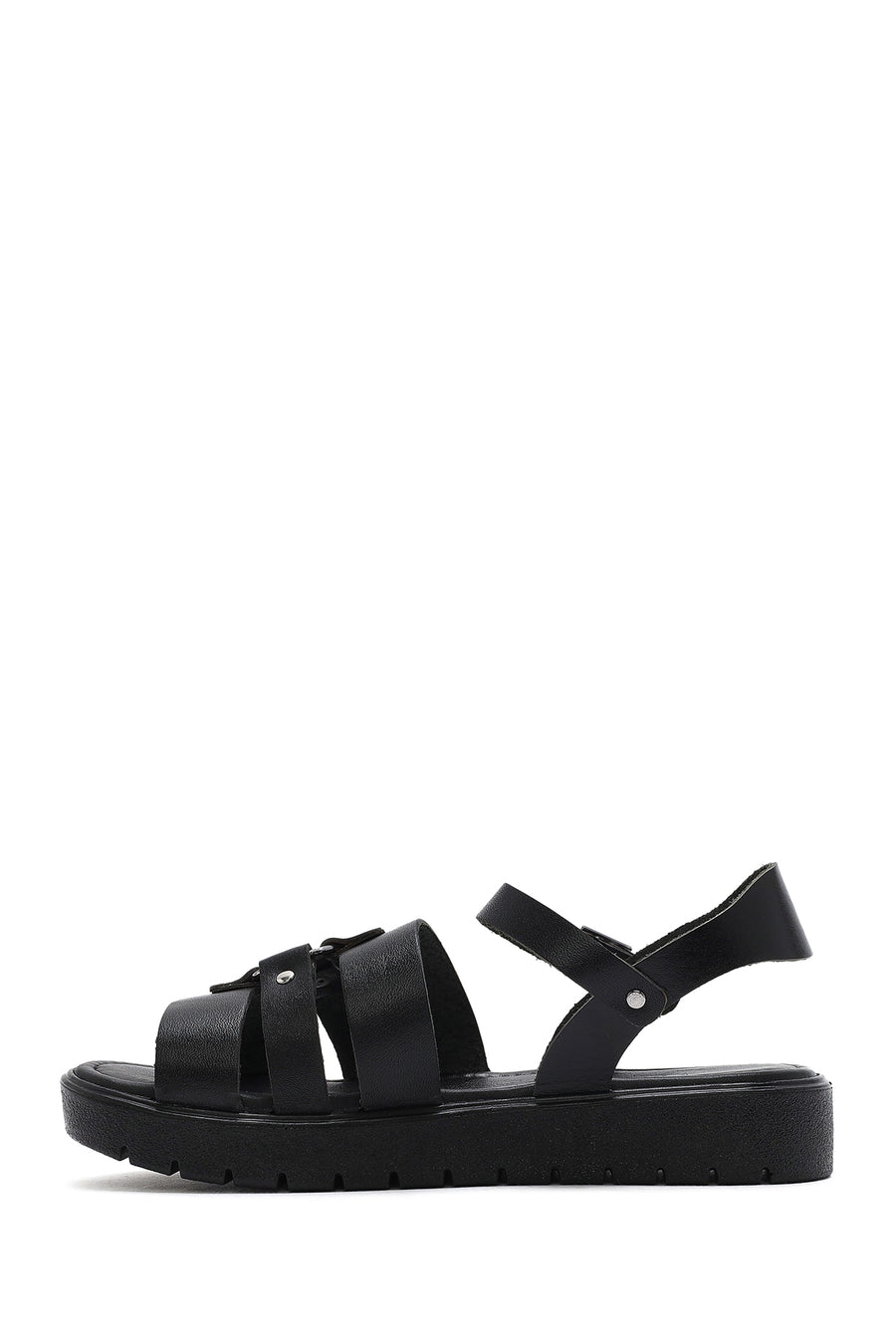 Women's Black Leather Ankle Buckle Sandals