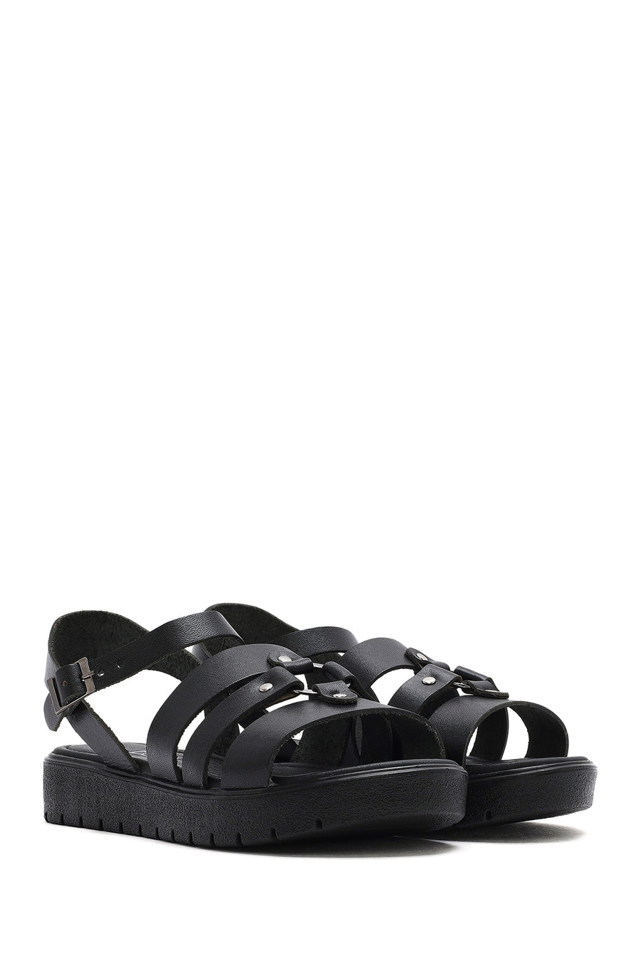 Women's Black Leather Ankle Buckle Sandals