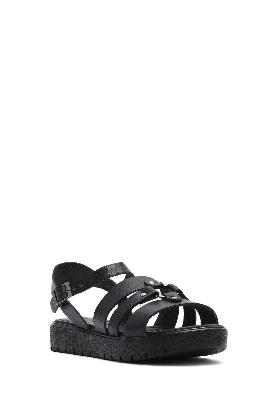 Women's Black Leather Ankle Buckle Sandals