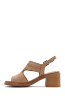 Women's Camel Ankle Strap Thick Heel Leather Sandals | Derimod