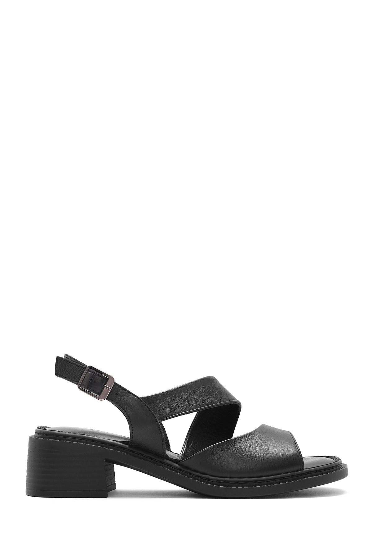 Kadın Siyah Bilekten Tokalı Kısa Topuklu Deri Sandalet 25SFD341118 | Derimod