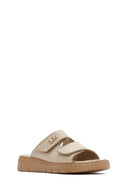 Kadın Bej Çift Bantlı Deri Comfort Terlik | Derimod