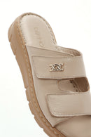 Kadın Bej Çift Bantlı Deri Comfort Terlik | Derimod