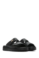 Kadın Siyah Çift Bantlı Deri Comfort Terlik | Derimod