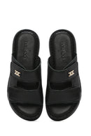 Kadın Siyah Çift Bantlı Deri Comfort Terlik | Derimod