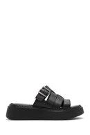 Women's Black Buckled Thick Soled Leather Comfort Slippers | Derimod