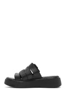 Women's Black Buckled Thick Soled Leather Comfort Slippers | Derimod