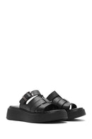Women's Black Buckled Thick Soled Leather Comfort Slippers | Derimod