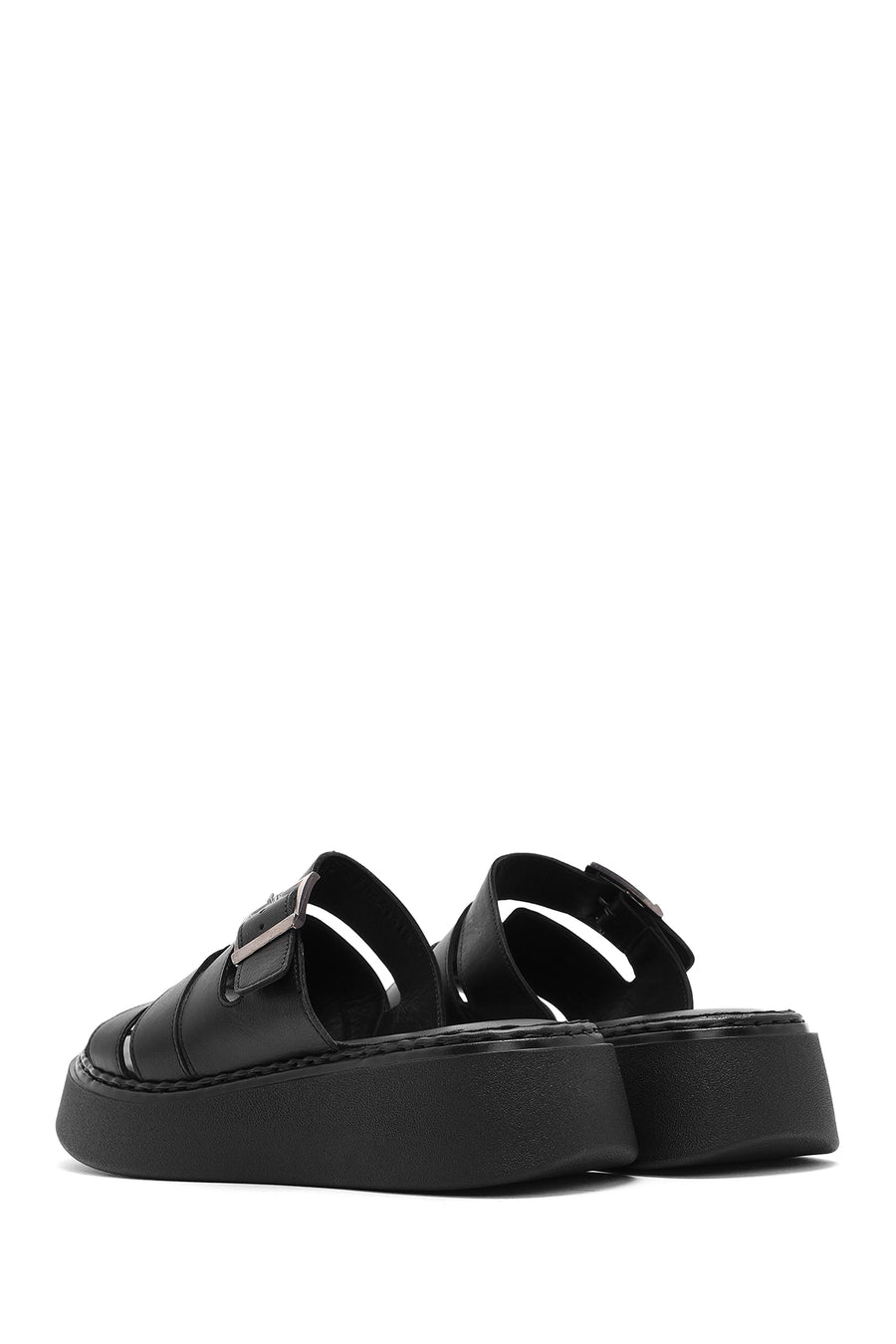 Women's Black Buckled Thick Soled Leather Comfort Slippers