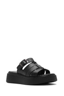 Women's Black Buckled Thick Soled Leather Comfort Slippers | Derimod