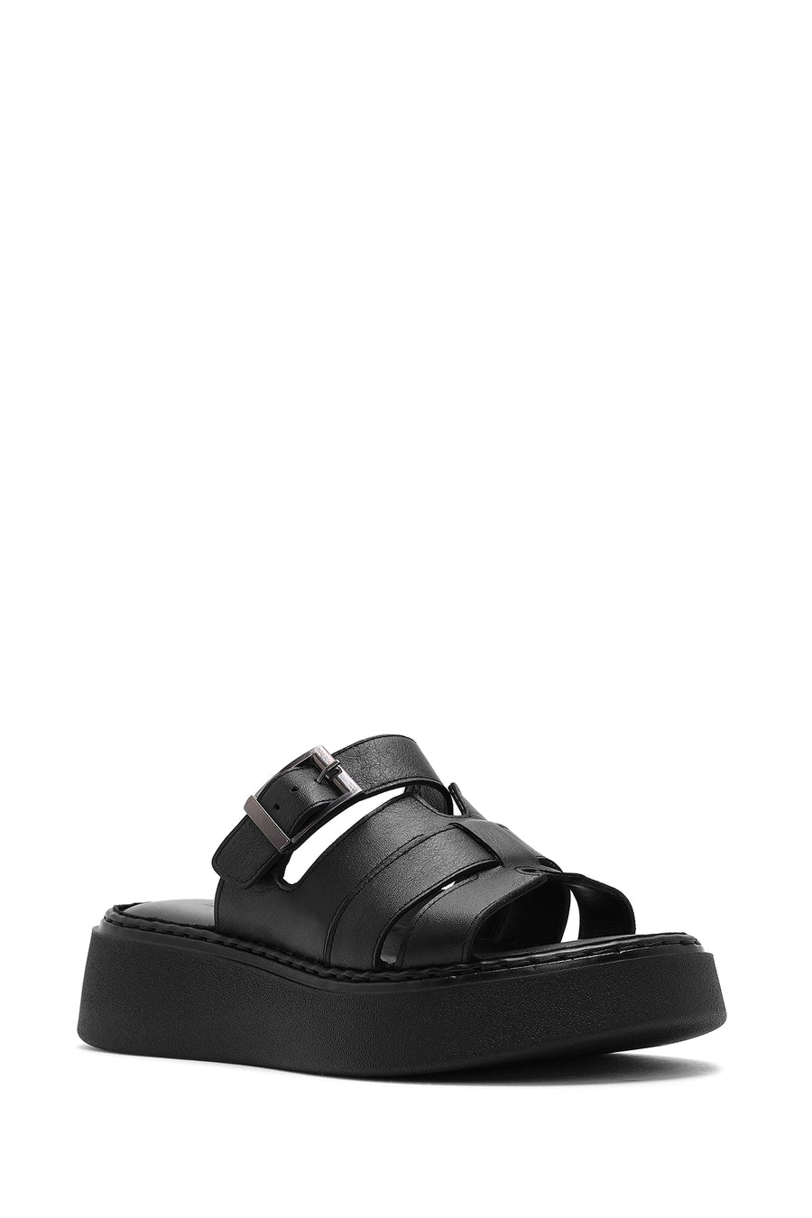 Women's Black Buckled Thick Soled Leather Comfort Slippers