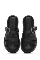 Women's Black Buckled Thick Soled Leather Comfort Slippers | Derimod