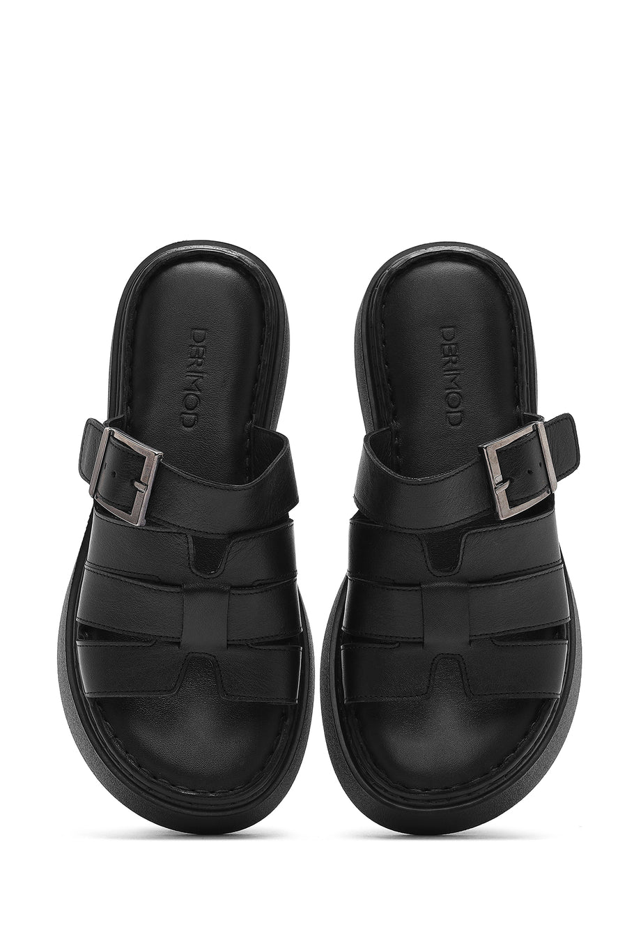 Women's Black Buckled Thick Soled Leather Comfort Slippers