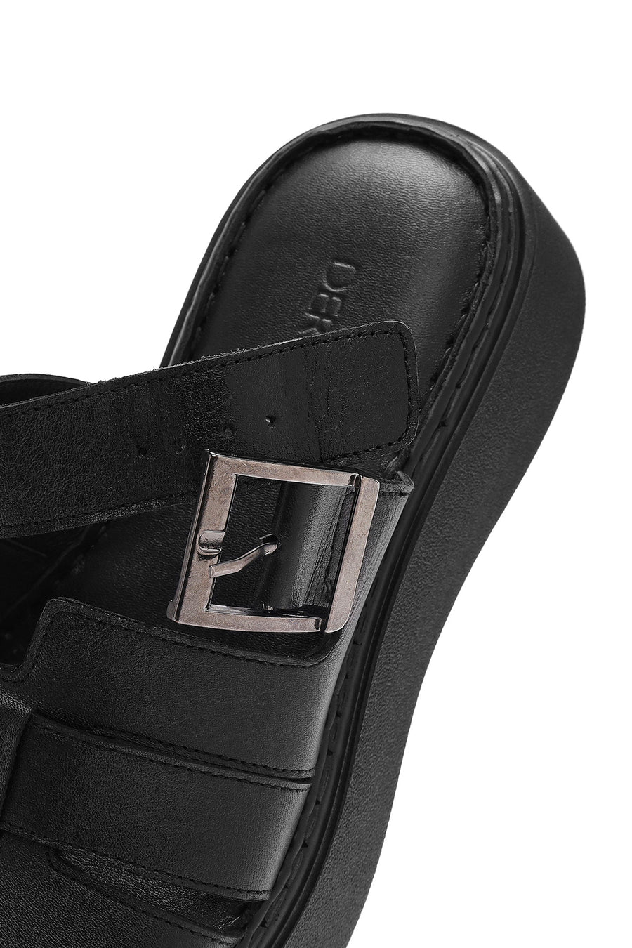 Women's Black Buckled Thick Soled Leather Comfort Slippers