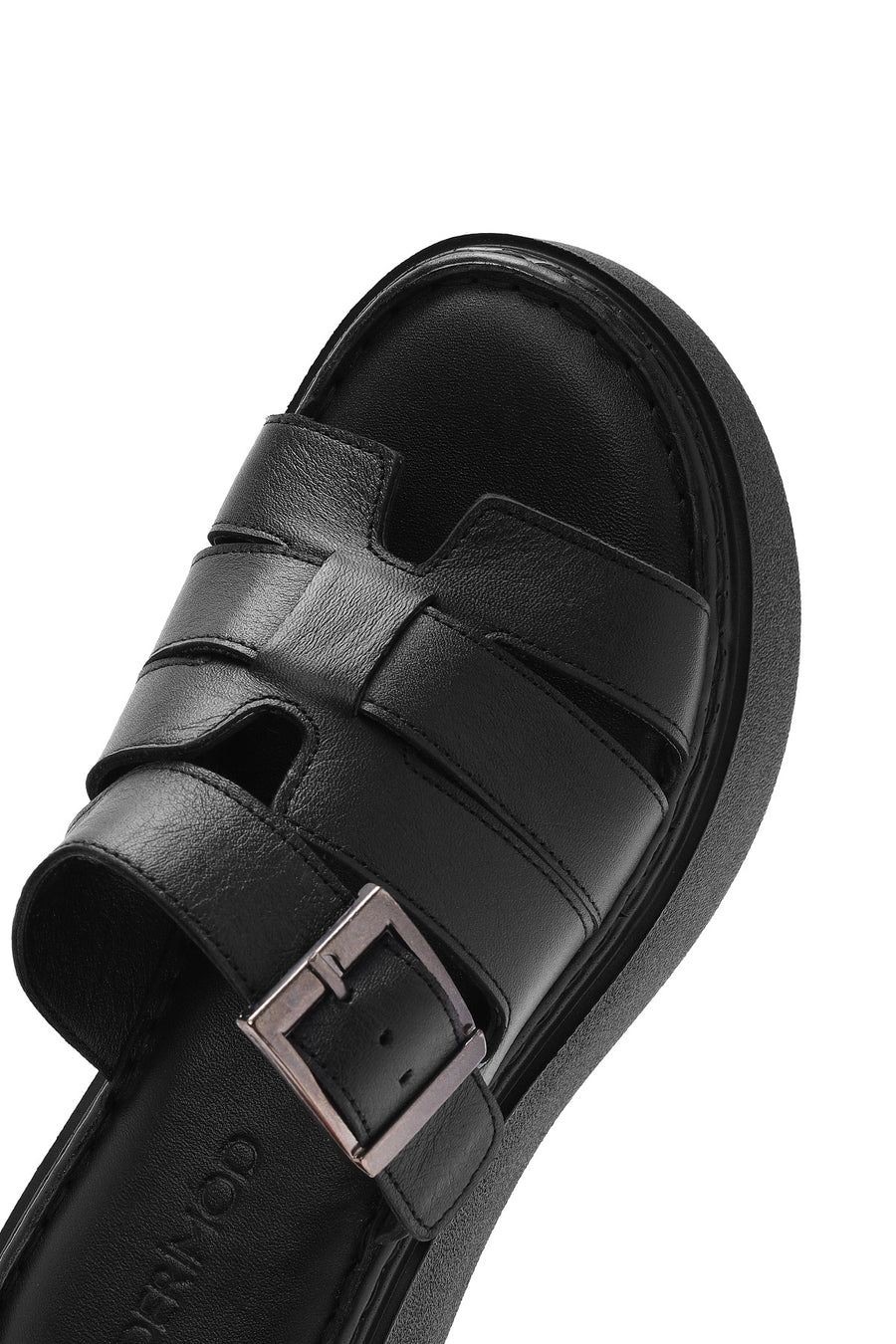 Women's Black Buckled Thick Soled Leather Comfort Slippers