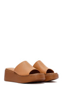 Woman Tan Thick Sole Leather Comfort Slippers | Derimod