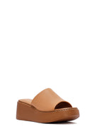 Woman Tan Thick Sole Leather Comfort Slippers | Derimod