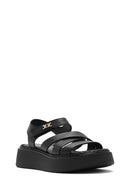 Kadın Siyah Bilekten Bağlamalı Kalın Tabanlı Deri Comfort Sandalet | Derimod