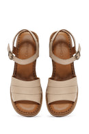 Kadın Bej Bilekten Bağlamalı Kalın Topuklu Deri Sandalet | Derimod