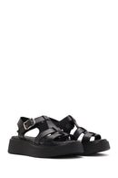 Women's Black Buckled Thick Soled Leather Comfort Sandals | Derimod