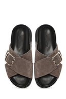 Women's Mink Buckled Suede Leather Slippers | Derimod
