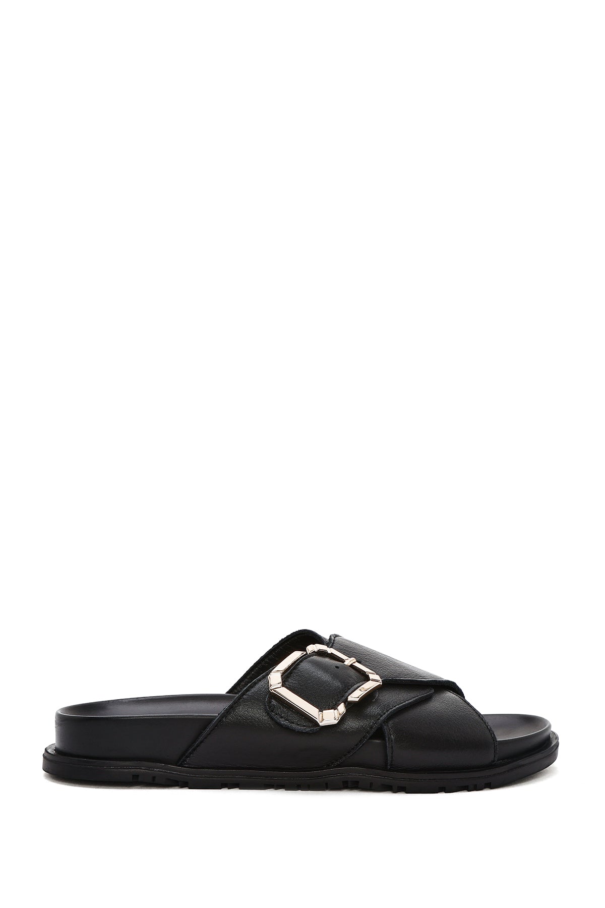 Women's Black Buckle Leather Slippers 25SFD350718 | Derimod
