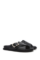 Women's Black Buckle Leather Slippers | Derimod