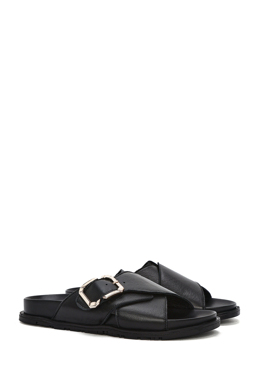 Women's Black Buckle Leather Slippers