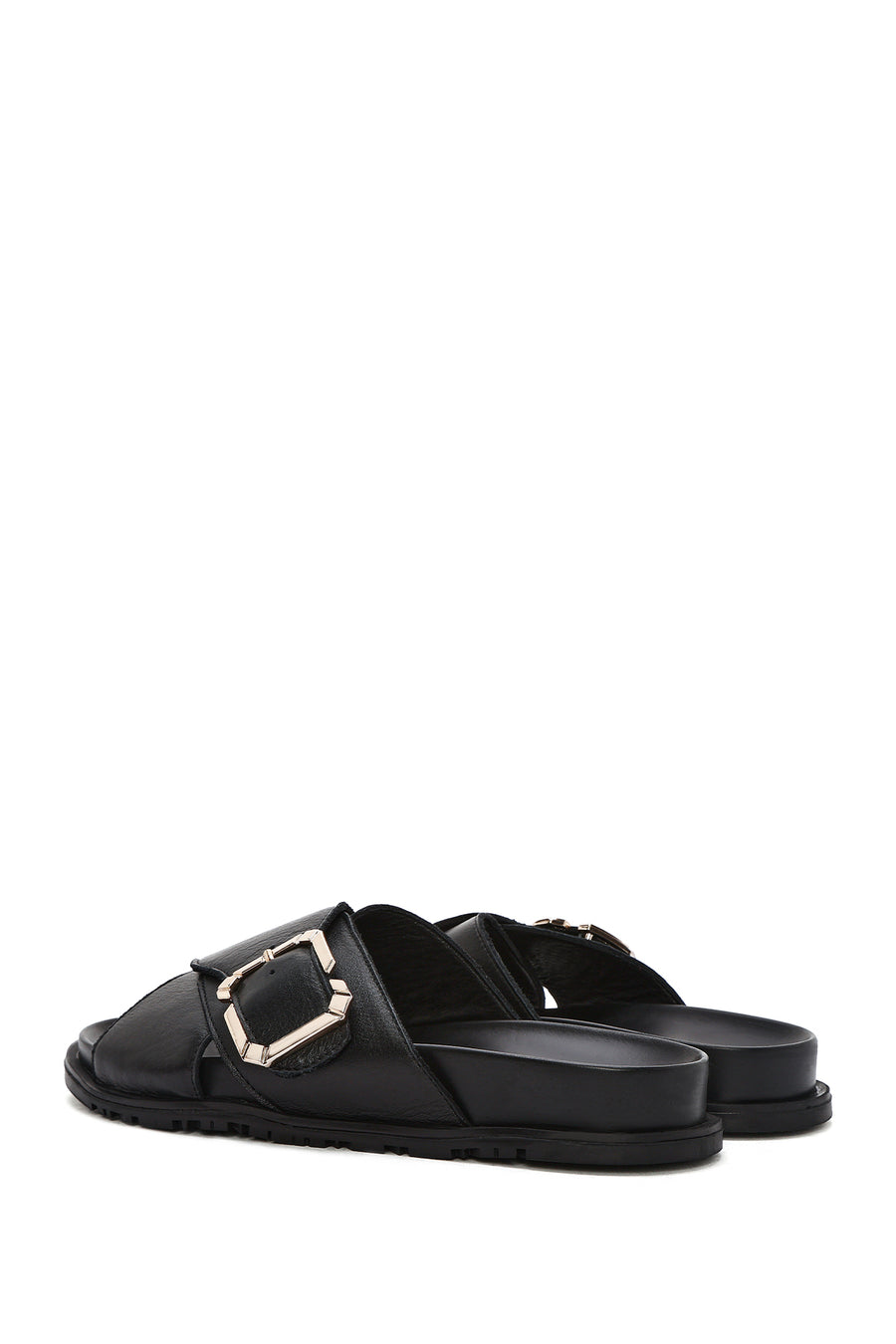 Women's Black Buckle Leather Slippers