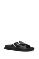 Women's Black Buckle Leather Slippers | Derimod