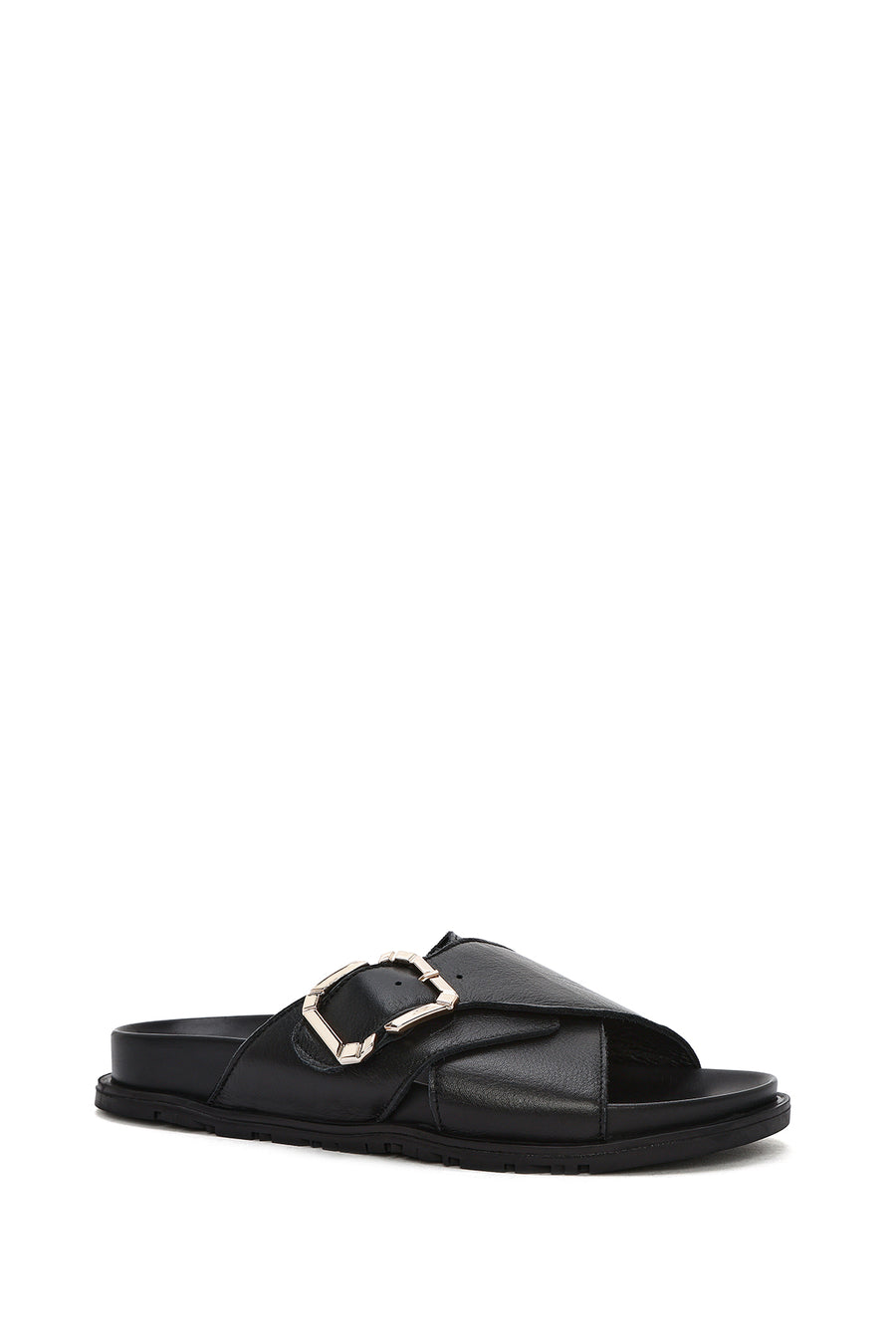 Women's Black Buckle Leather Slippers