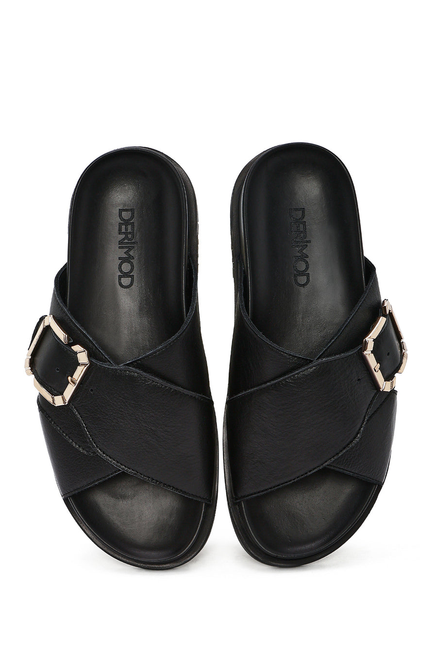 Women's Black Buckle Leather Slippers