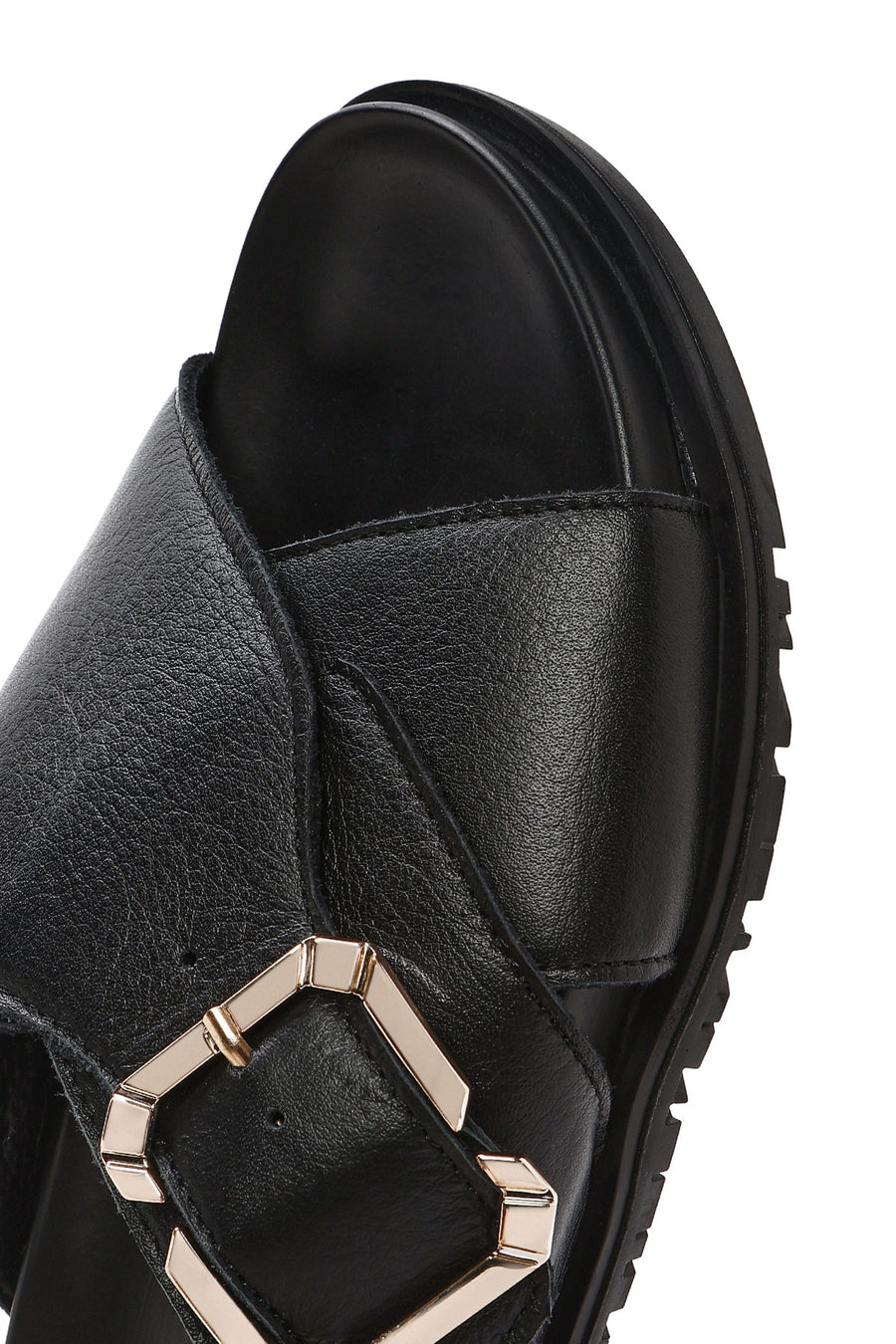 Women's Black Buckle Leather Slippers