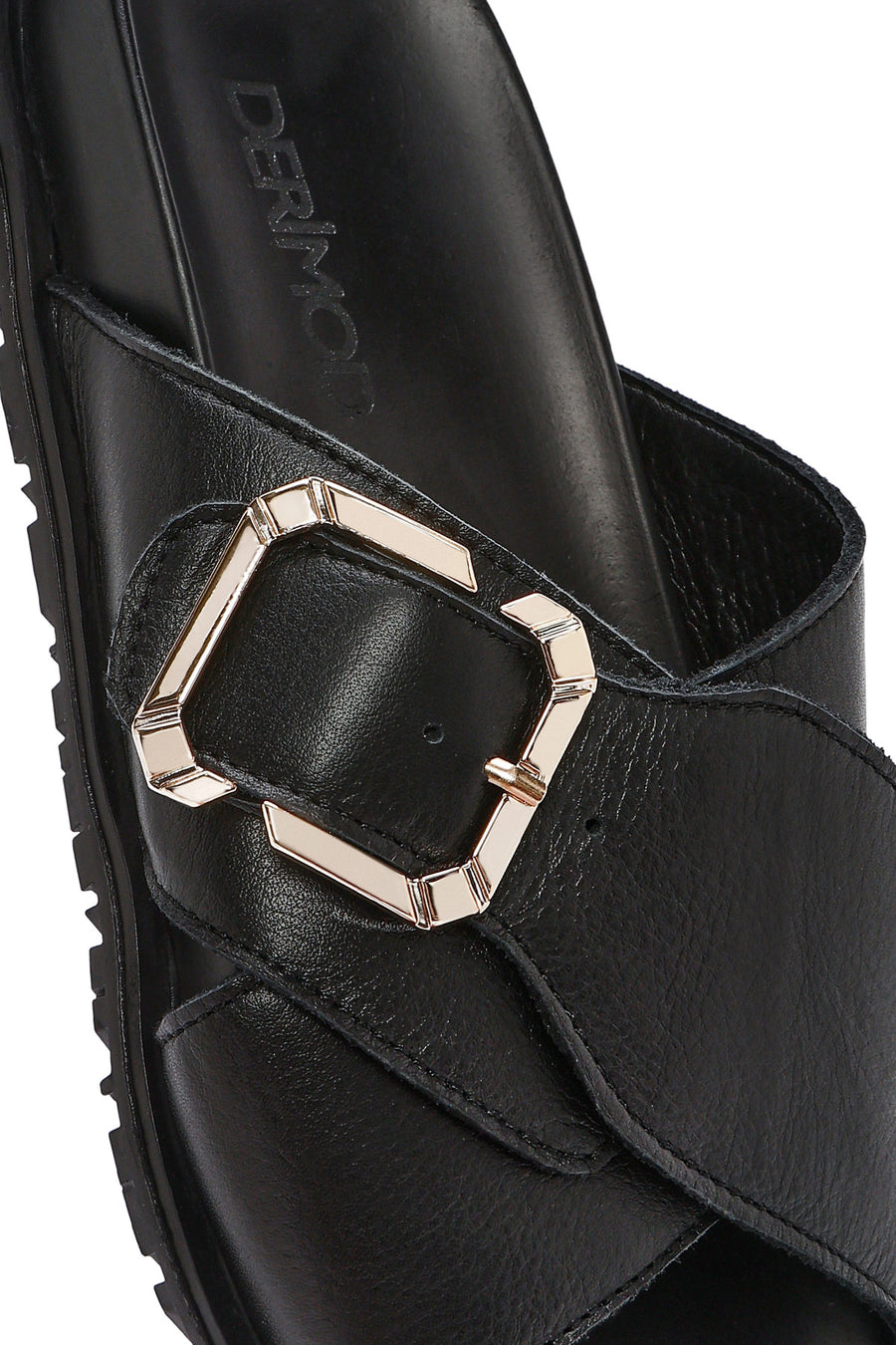 Women's Black Buckle Leather Slippers
