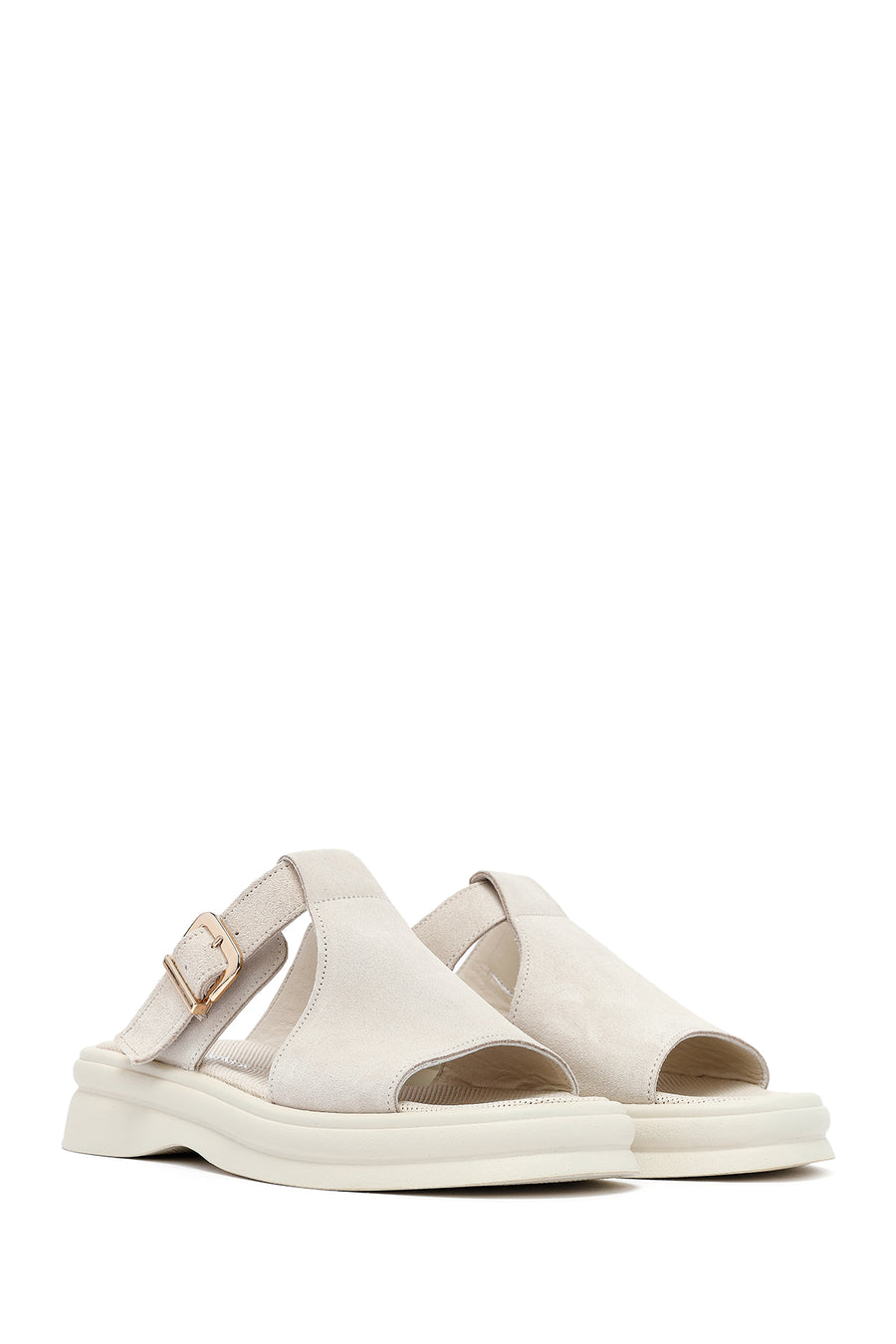 Women's Beige Buckle Suede Leather Slippers